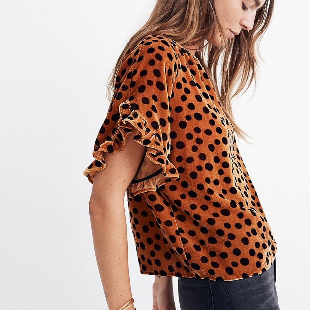 Madewell Velvet Memento Ruffle-Sleeve Top in Leopard Dot Size Small